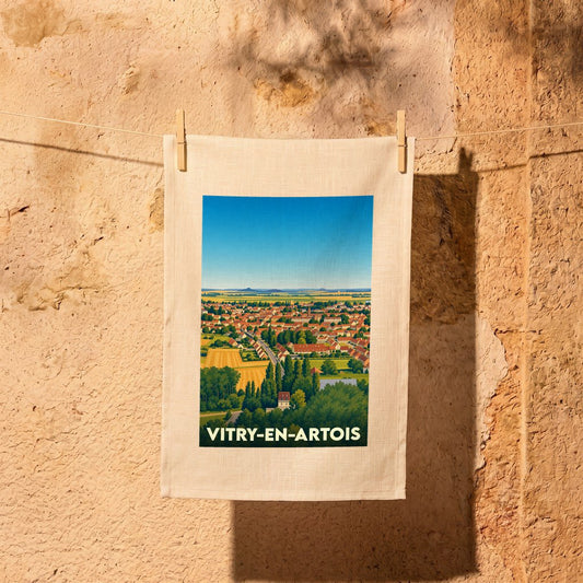Torchon souvenir de la ville de Vitry-en-Artois avec une illustration stylisée.