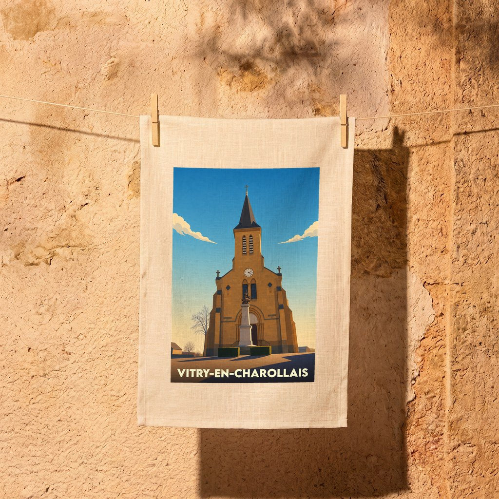 Torchon souvenir de la ville de Vitry-en-Charollais avec une illustration stylisée de son église.