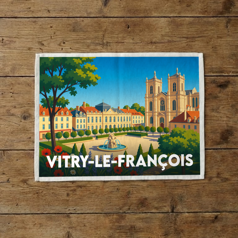 Torchon souvenir de la ville de Vitry-le-François orné d'une illustration stylisée de sa place principale et de son église.