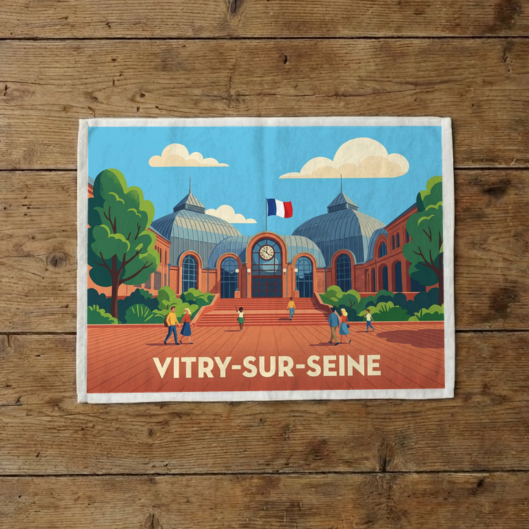 Torchon souvenir de la ville de Vitry-sur-Seine avec une illustration colorée et stylisée.