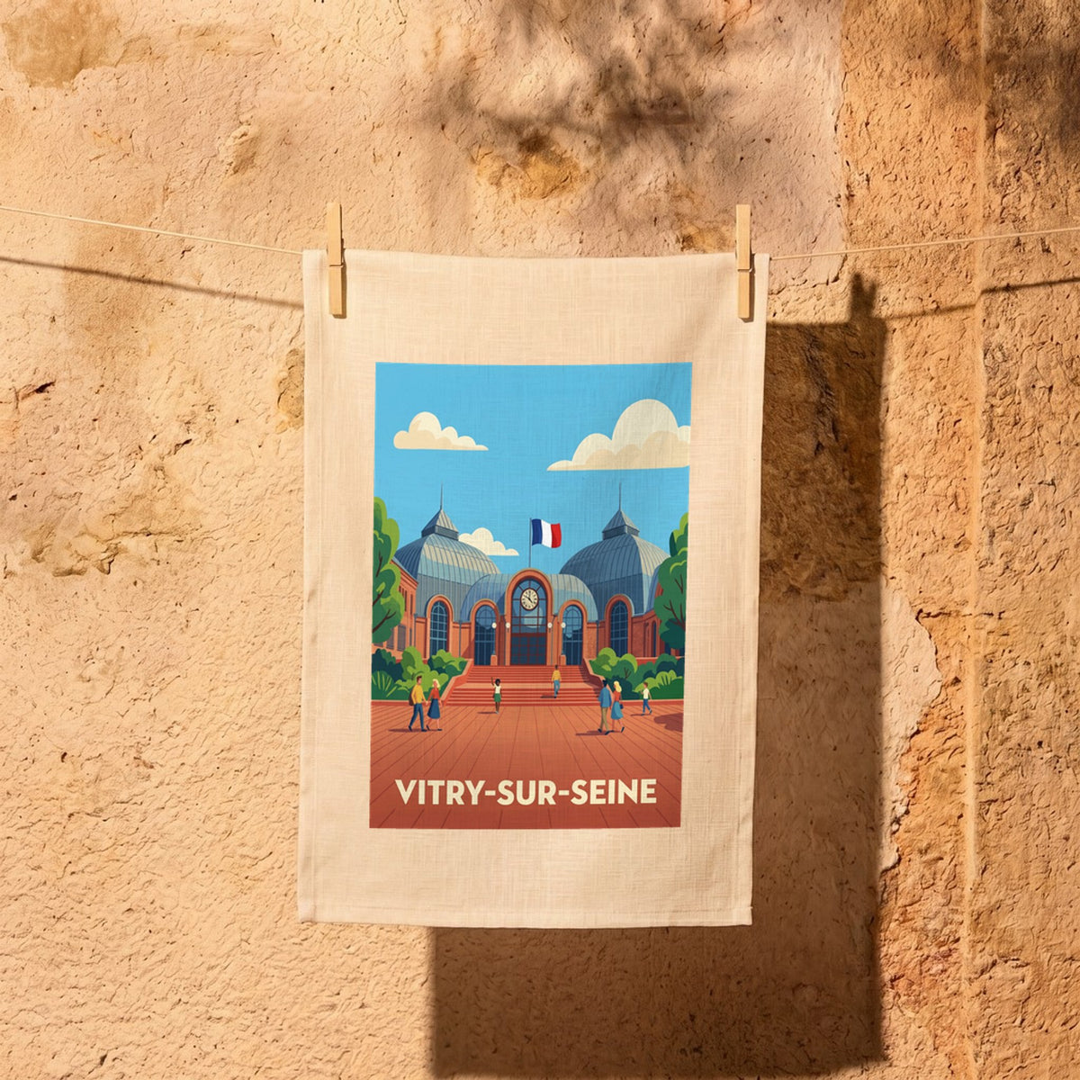 Torchon souvenir de la ville de Vitry-sur-Seine avec une illustration colorée et stylisée.