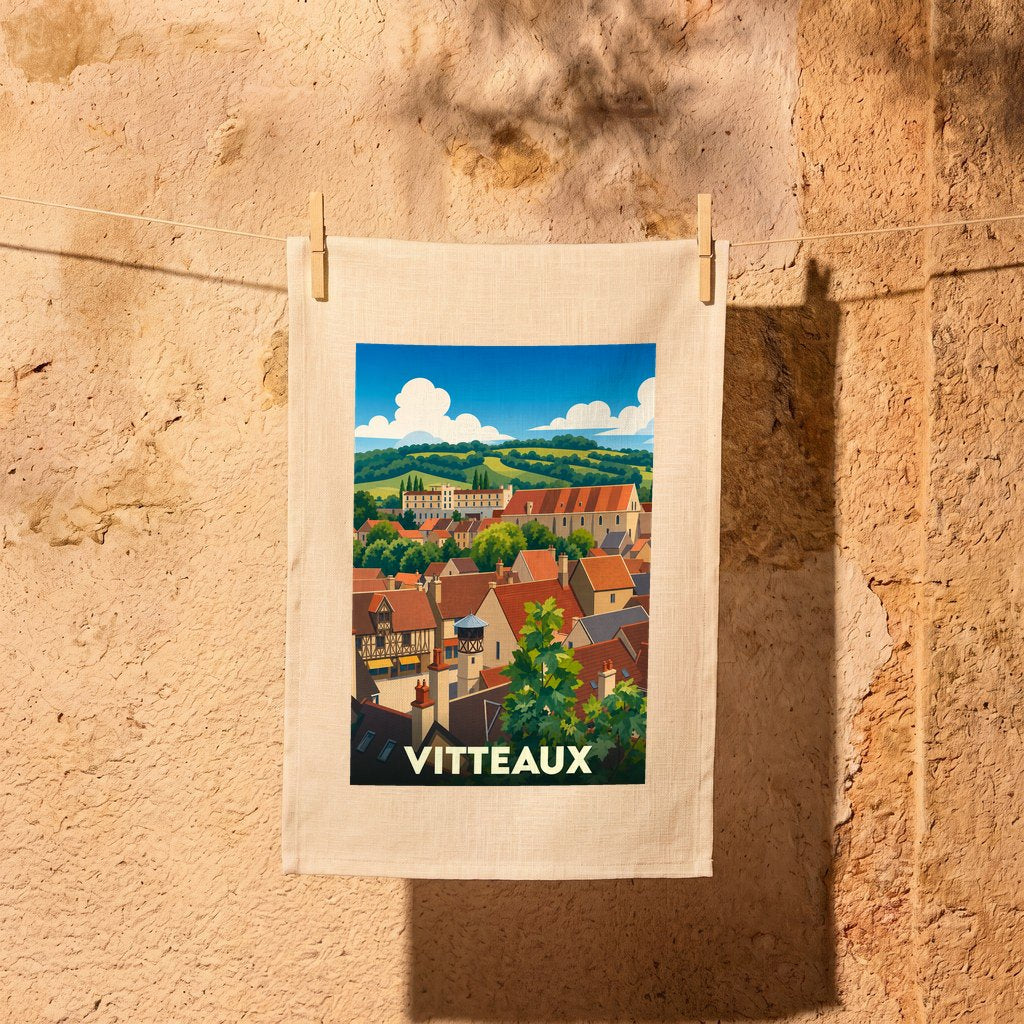 Torchon souvenir de la ville de Vitteaux avec une illustration stylisée de ses toits et paysages.
