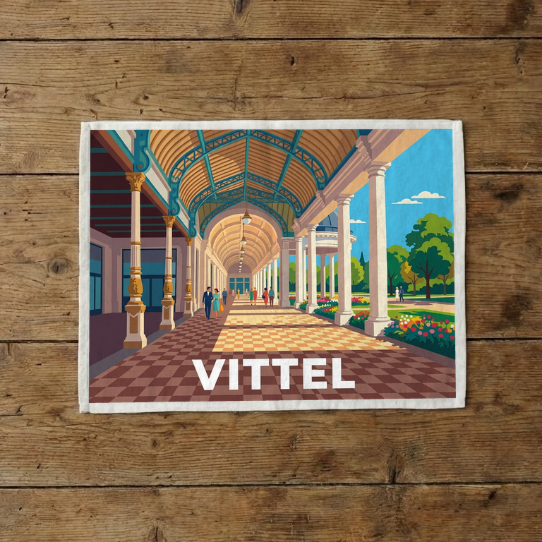 Torchon souvenir de la ville de Vittel avec une illustration stylisée de sa célèbre galerie thermale.