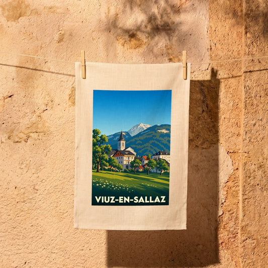 Torchon souvenir de la ville de Viuz-en-Sallaz avec une illustration stylisée de style affiche rétro.
