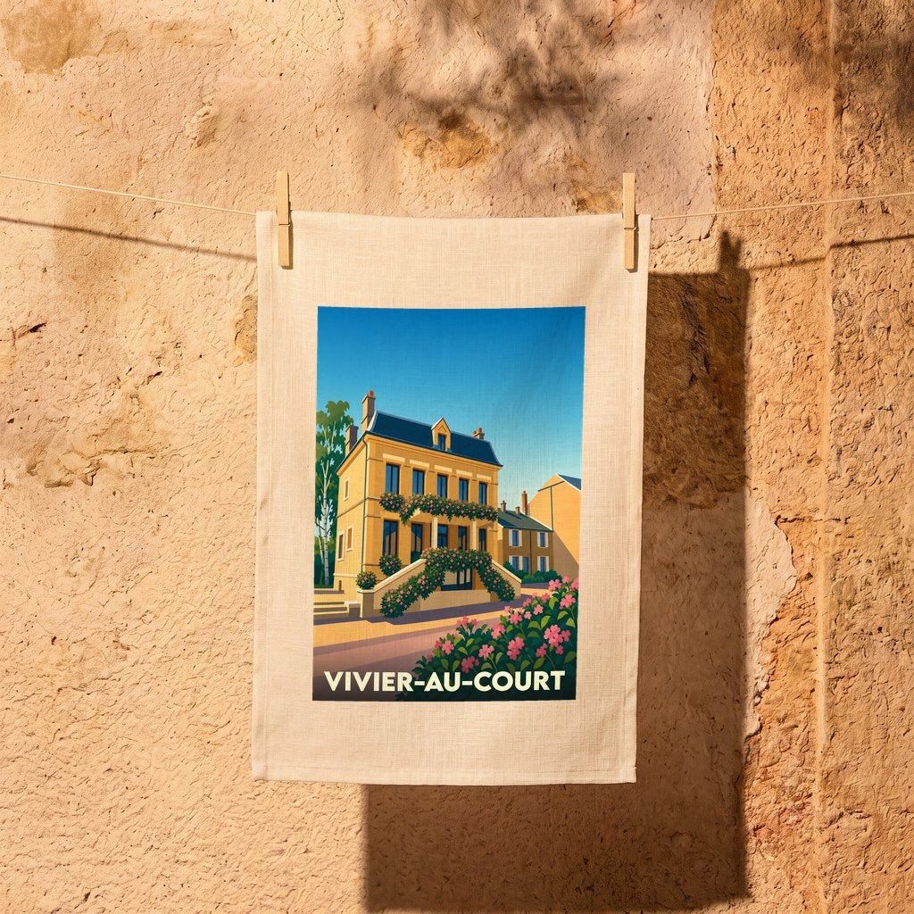 Torchon souvenir de la ville de Vivier-au-Court avec une illustration stylisée d'une maison fleurie.