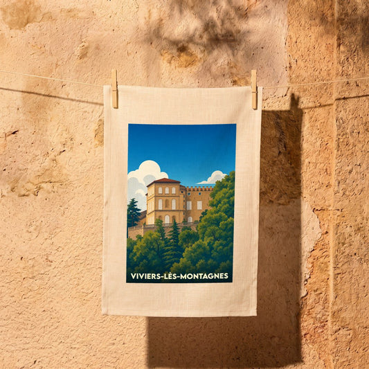 Torchon souvenir de Viviers-lès-Montagnes orné d'une illustration stylisée du château local.