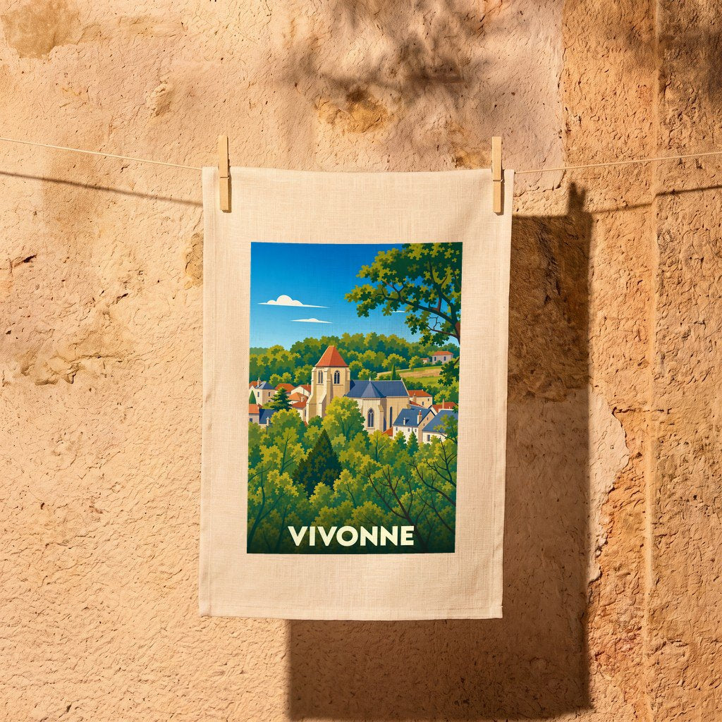 Torchon souvenir de la ville de Vivonne orné d'une illustration stylisée de son église et de ses paysages verdoyants.