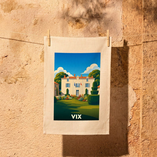 Torchon souvenir de la ville de Vix orné d'une illustration stylisée de sa mairie.