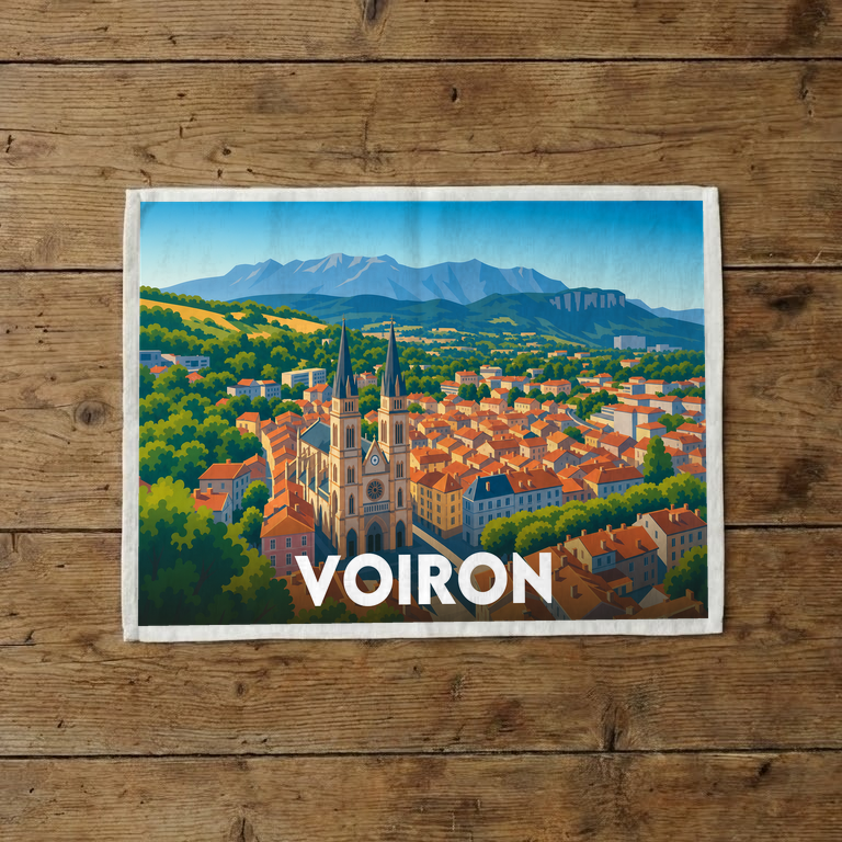 Torchon souvenir de la ville de Voiron illustré d'un paysage urbain coloré avec son église emblématique et des montagnes en arrière-plan.