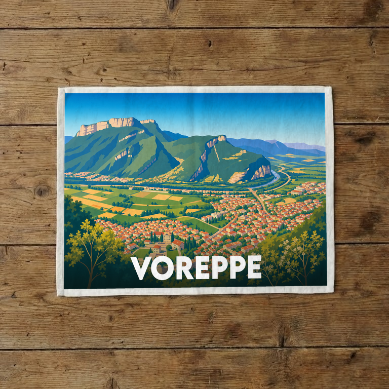Torchon souvenir de la ville de Voreppe avec une illustration stylisée de son paysage montagneux.