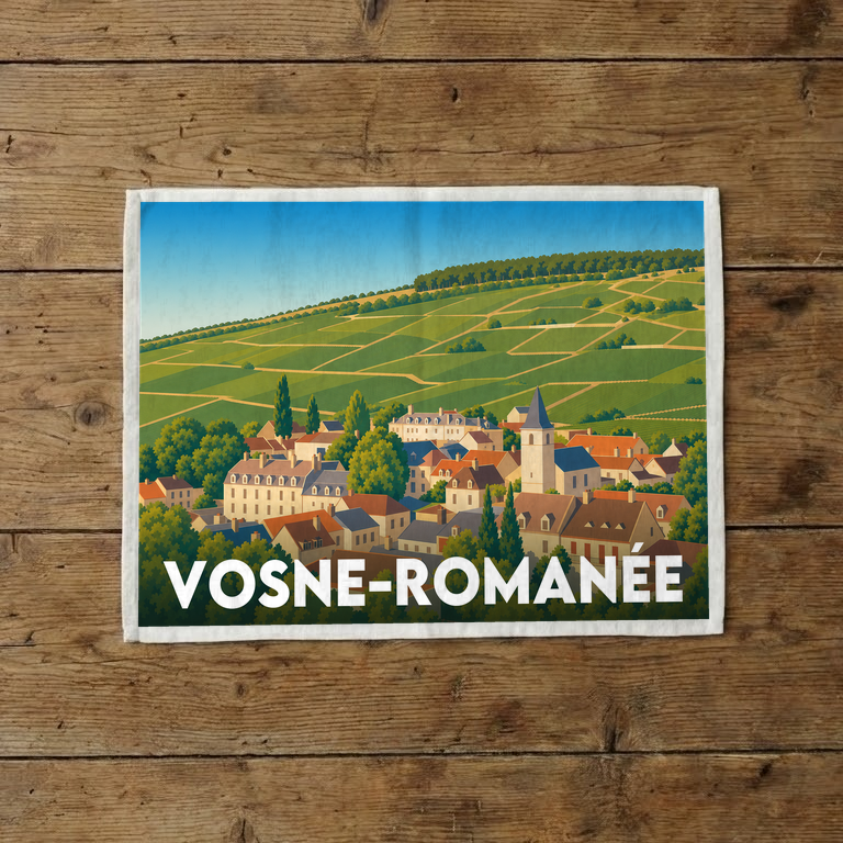 Torchon souvenir de Vosne-Romanée avec une illustration stylisée du village et de ses vignobles.