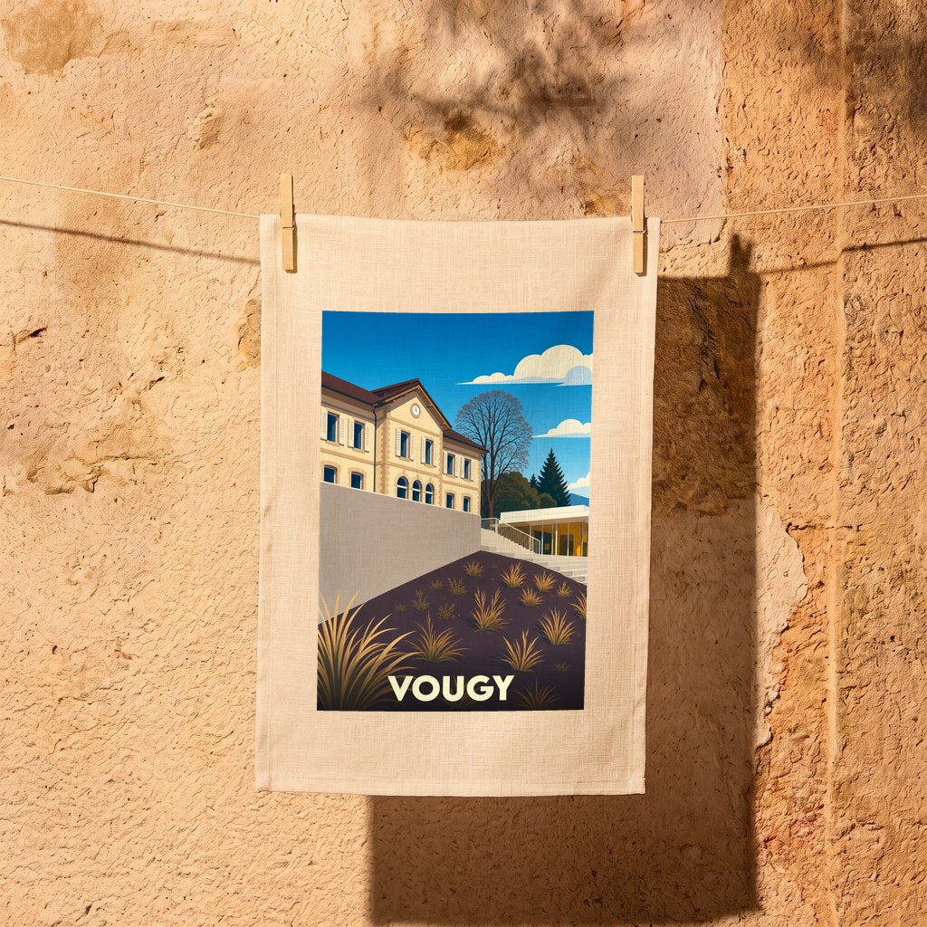 Torchon souvenir de la ville de Vougy avec une illustration stylisée.
