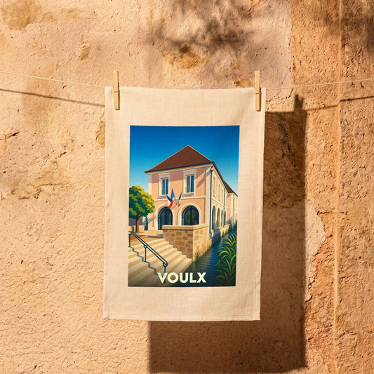 Torchon souvenir de la ville de Voulx avec une illustration stylisée.