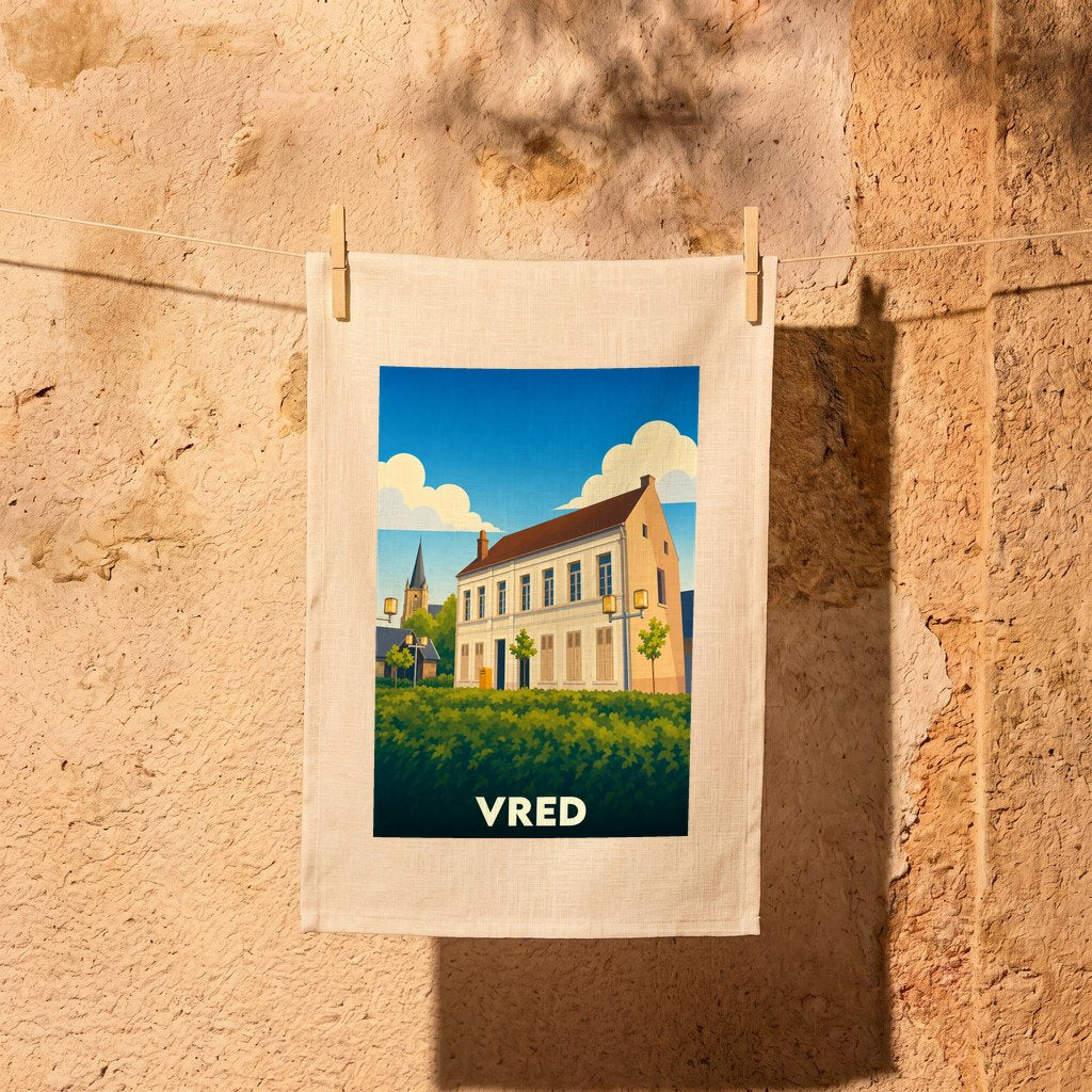 Torchon souvenir de la ville de Vred avec une illustration stylisée d'un bâtiment typique.