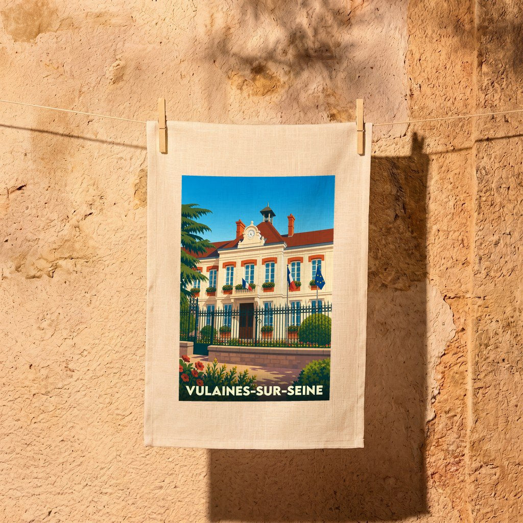 Torchon souvenir de la ville de Vulaines-sur-Seine orné d'une illustration stylisée de sa mairie.