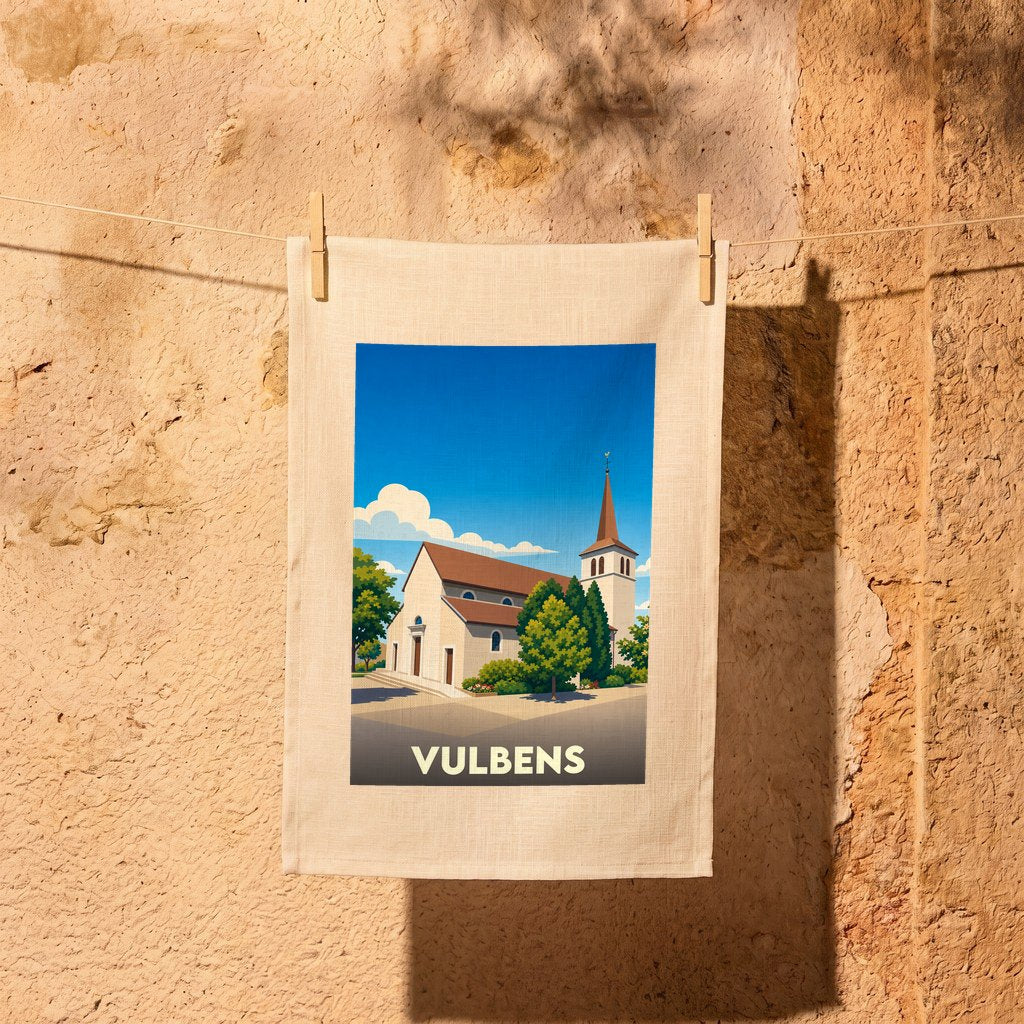 Torchon souvenir de la ville de Vulbens avec une illustration stylisée de son église sous un ciel bleu.
