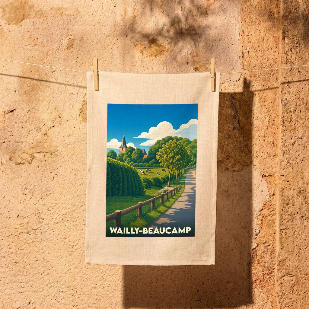 Torchon souvenir de la ville de Wailly-Beaucamp orné d'une illustration paysagère stylisée.