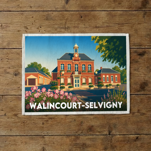 Torchon souvenir de la ville de Walincourt-Selvigny avec une illustration stylisée.