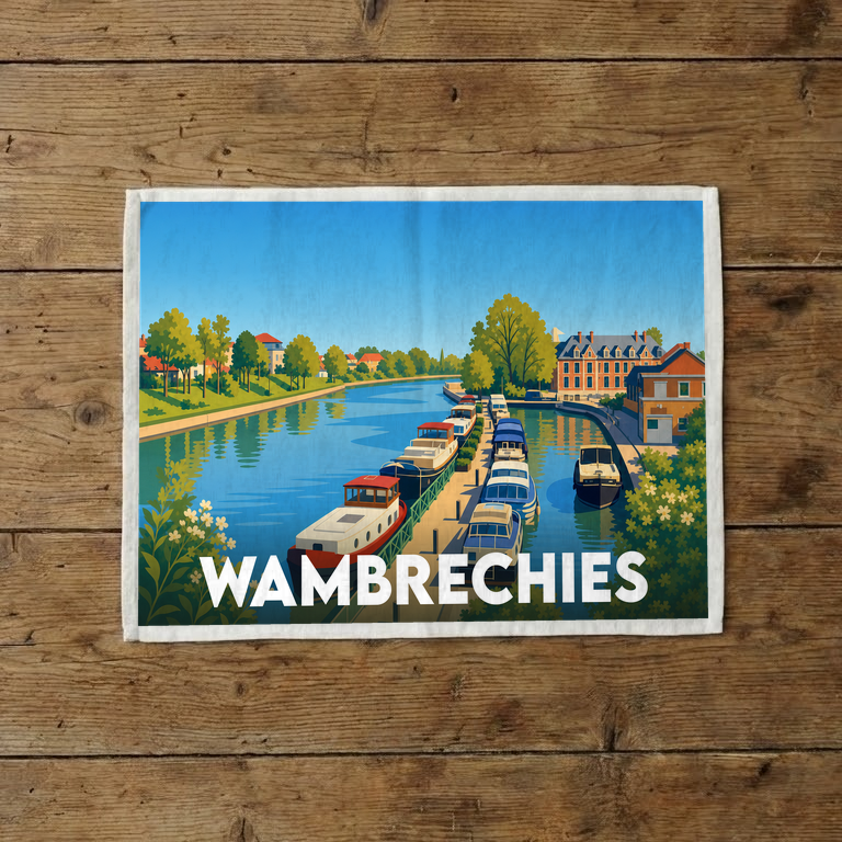 Torchon souvenir de la ville de Wambrechies illustré par une vue stylisée du port de plaisance.