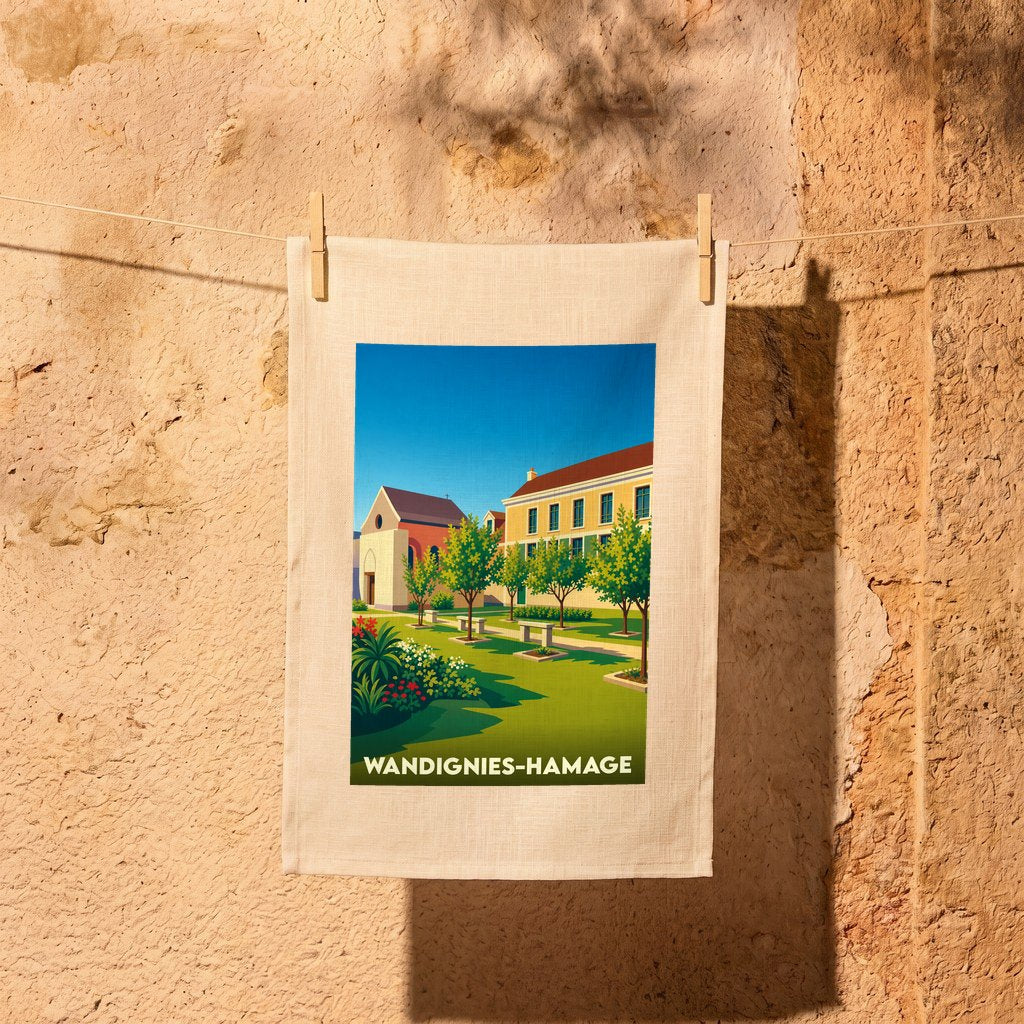Torchon souvenir de la ville de Wandignies-Hamage avec une illustration stylisée d'un parc ensoleillé.