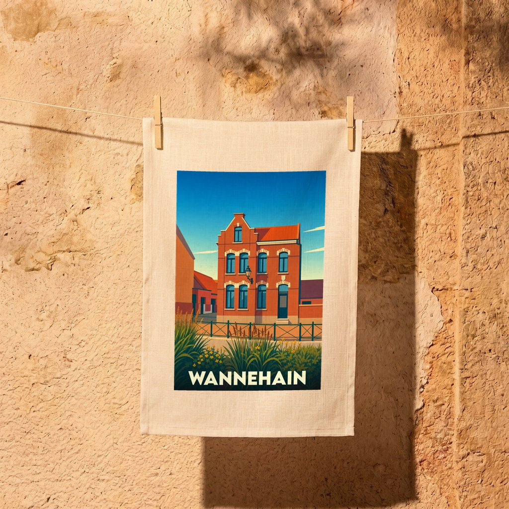 Torchon souvenir de la ville de Wannehain avec une illustration stylisée d'une maison flamande.
