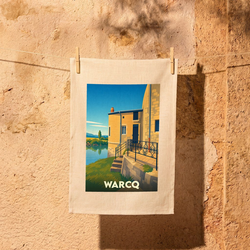 Torchon souvenir de la ville de Warcq illustré d'un paysage stylisé des bords de Meuse.