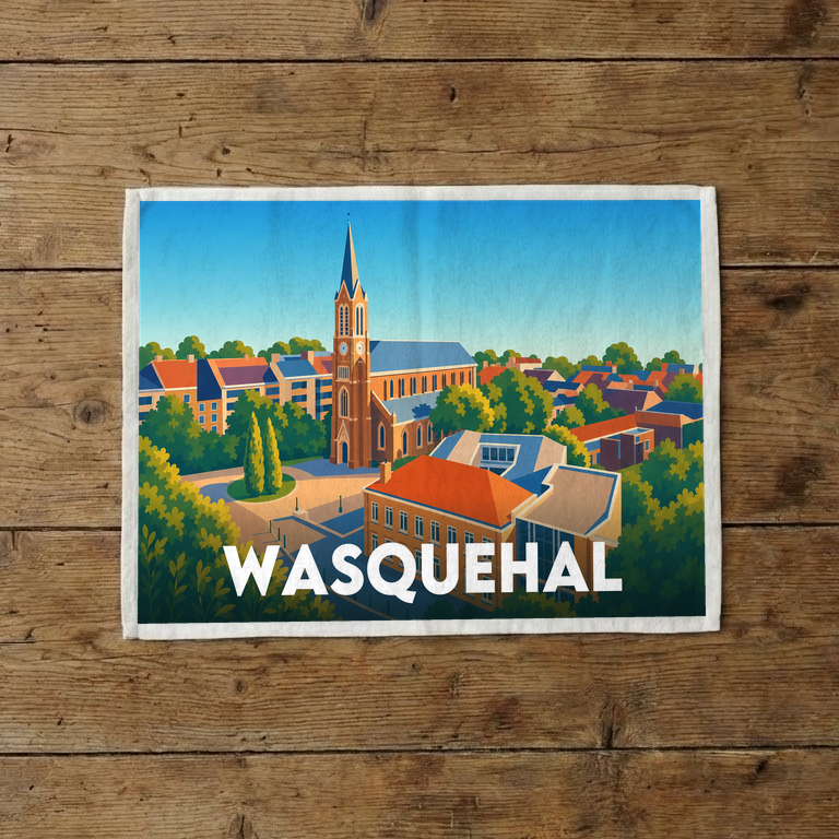 Torchon souvenir de la ville de Wasquehal avec une illustration stylisée.