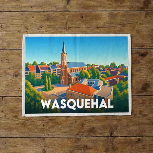 Torchon souvenir de la ville de Wasquehal avec une illustration stylisée.