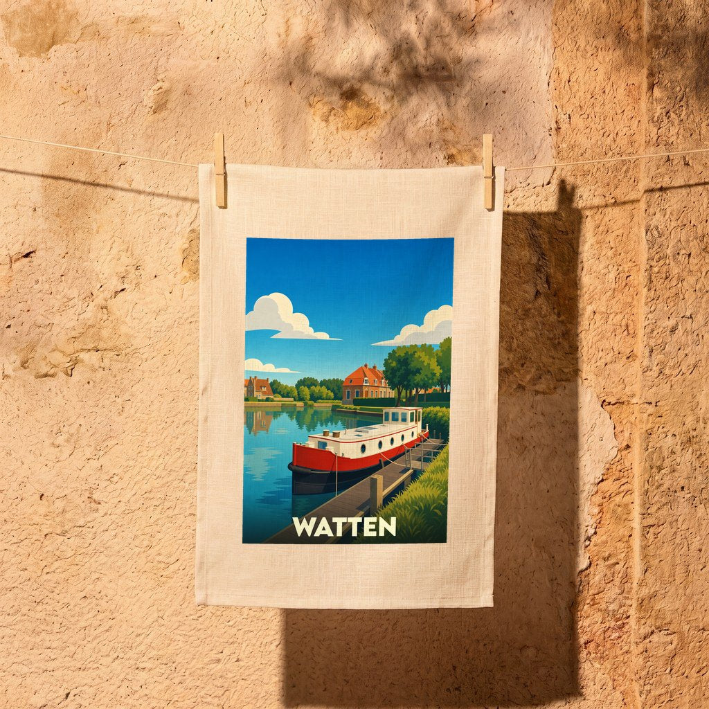 Torchon souvenir de la ville de Watten avec une illustration stylisée d'une péniche amarrée.