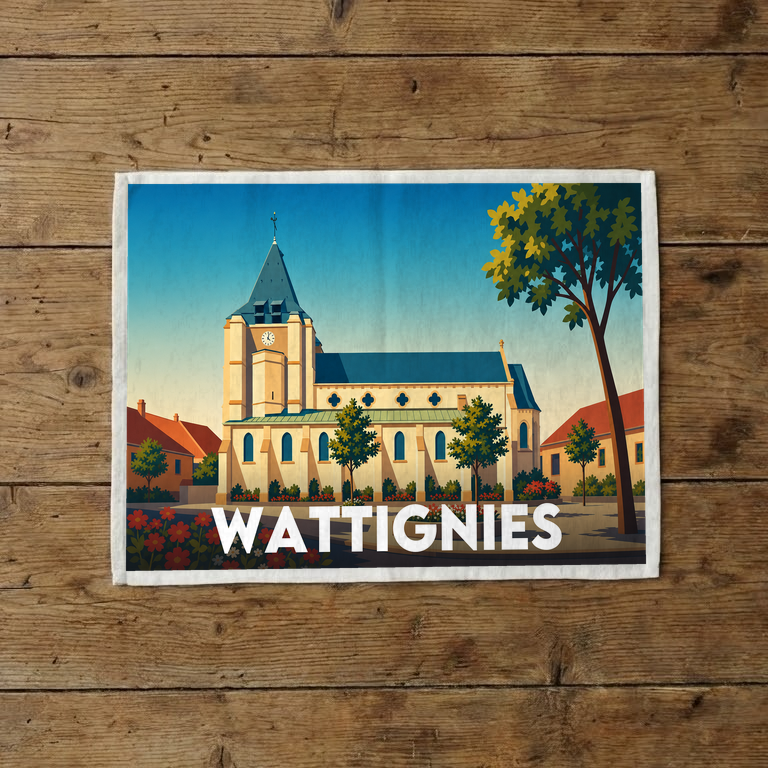 Torchon souvenir de la ville de Wattignies avec une illustration stylisée de son église.