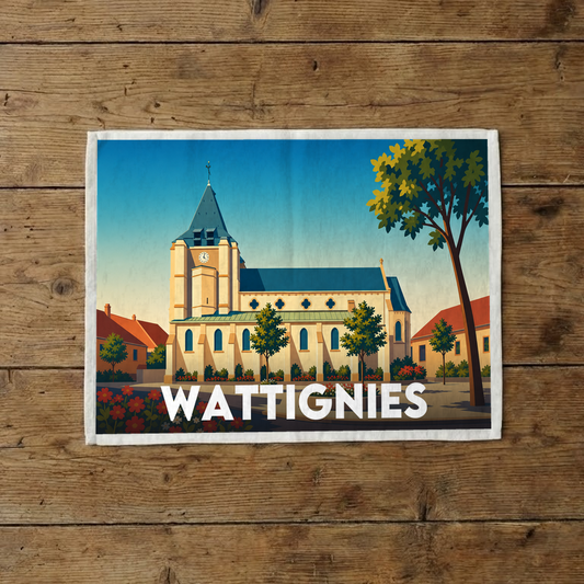 Torchon souvenir de la ville de Wattignies avec une illustration stylisée de son église.