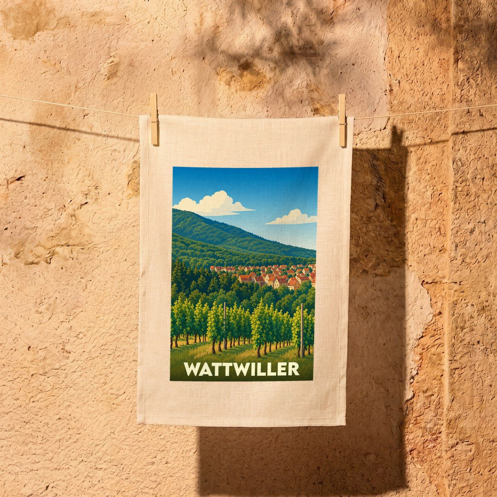 Torchon souvenir de la ville de Wattwiller avec une illustration stylisée de son paysage et de ses vignobles.