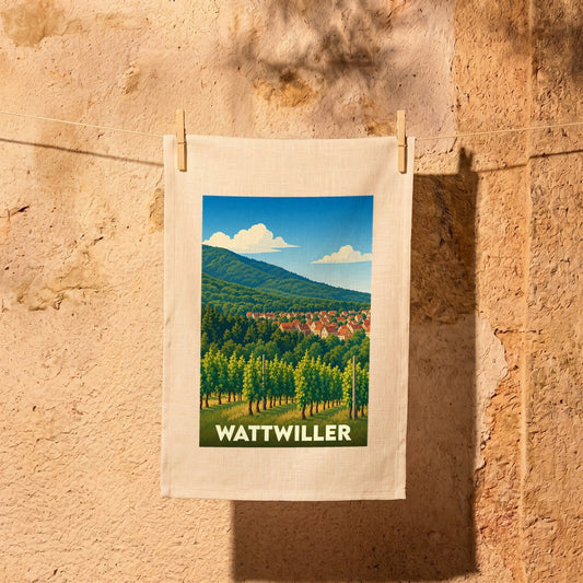 Torchon souvenir de la ville de Wattwiller avec une illustration stylisée de son paysage et de ses vignobles.