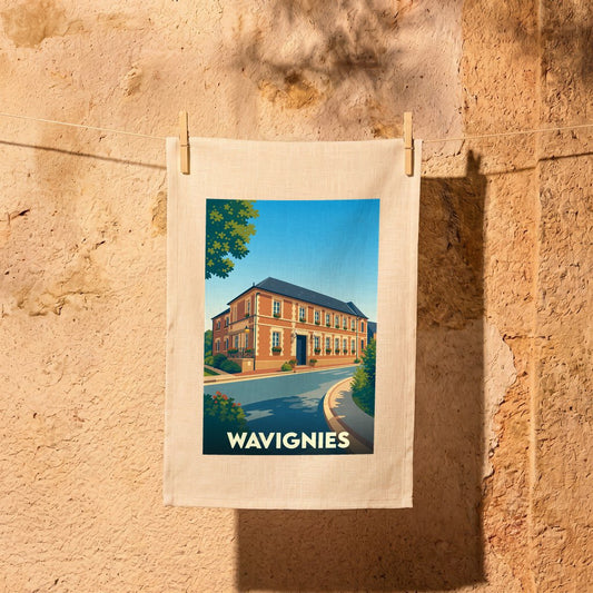 Torchon souvenir de la ville de Wavignies avec une illustration stylisée.