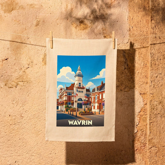 Torchon souvenir de la ville de Wavrin avec une illustration stylisée de son architecture locale.