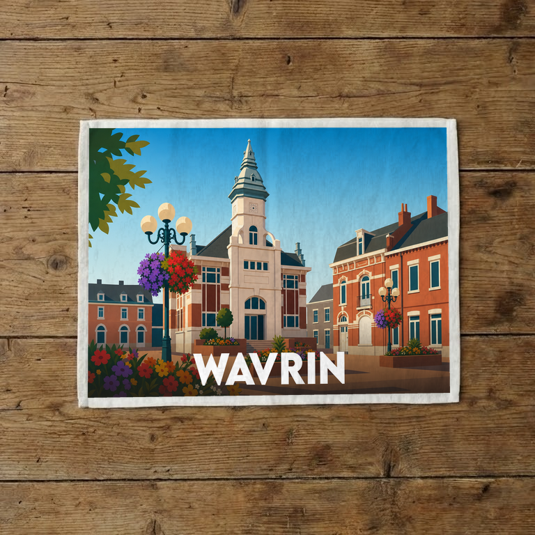Torchon souvenir de la ville de Wavrin avec une illustration stylisée de son hôtel de ville et de ses rues fleuries.