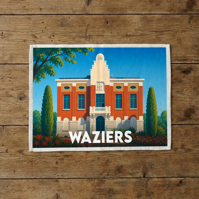 Torchon souvenir de la ville de Waziers avec une illustration stylisée de son hôtel de ville.