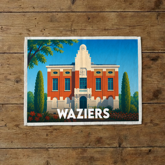 Torchon souvenir de la ville de Waziers avec une illustration stylisée de son hôtel de ville.