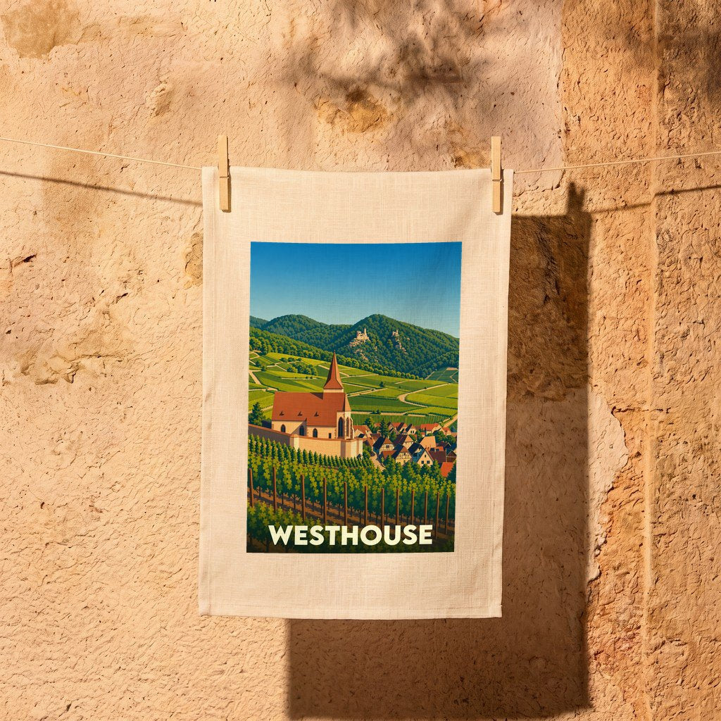 Torchon souvenir de la ville de Westhouse avec une illustration stylisée de son paysage et de ses vignobles.