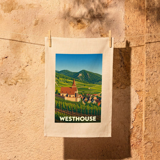 Torchon souvenir de la ville de Westhouse avec une illustration stylisée de son paysage et de ses vignobles.