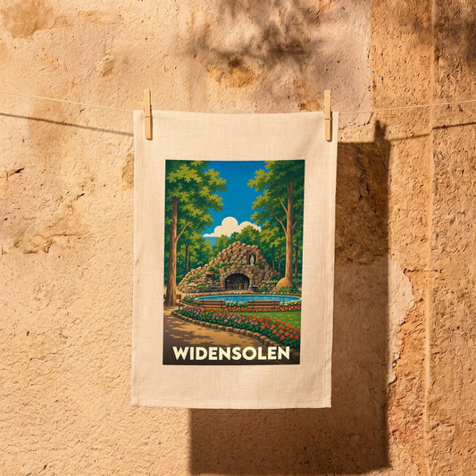 Torchon souvenir de la ville de Widensolen avec une illustration stylisée d'une grotte fleurie dans un parc.