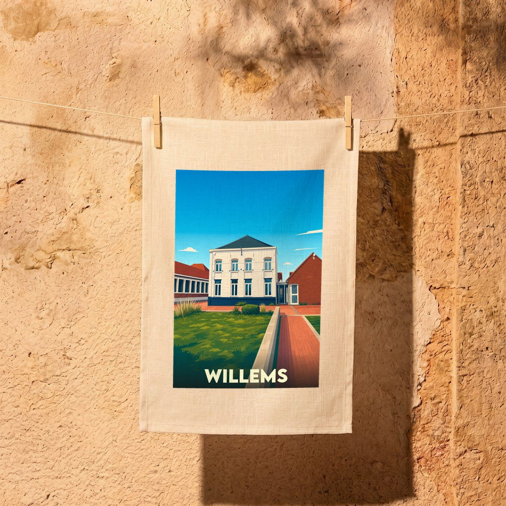 Torchon souvenir de la ville de Willems avec une illustration stylisée d'un bâtiment typique.