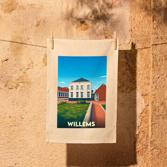 Torchon souvenir de la ville de Willems avec une illustration stylisée d'un bâtiment typique.