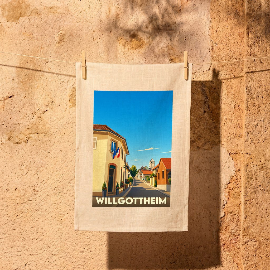 Torchon souvenir de la ville de Willgottheim avec une illustration stylisée d'une rue pittoresque.