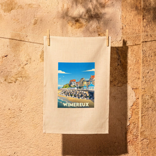 Torchon souvenir de la ville de Wimereux avec une illustration stylisée.