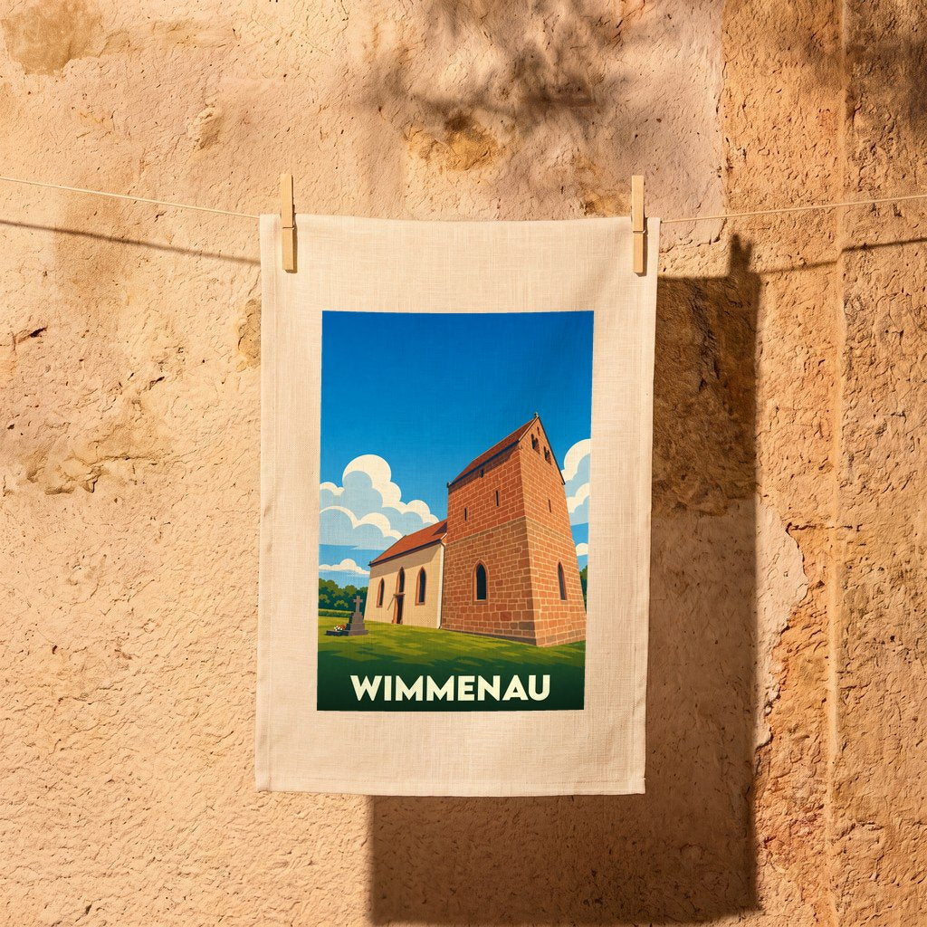 Torchon souvenir de la ville de Wimmenau avec une illustration stylisée de son église.