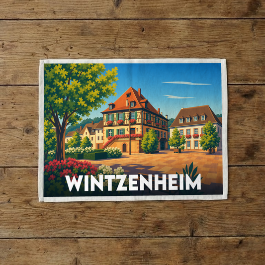 Torchon souvenir de la ville de Wintzenheim orné d'une illustration stylisée de son architecture alsacienne.