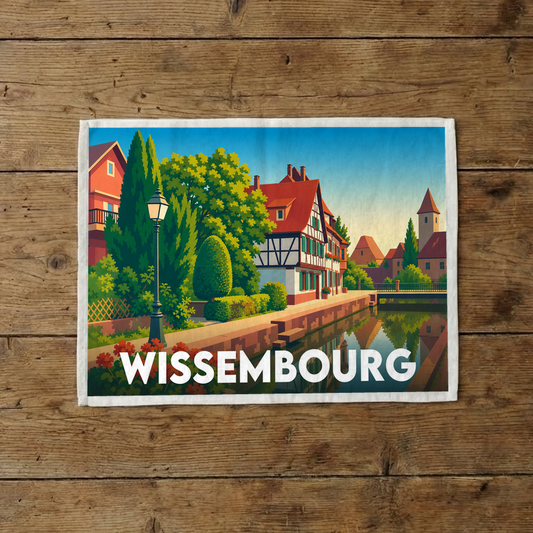 Torchon souvenir de la ville de Wissembourg orné d'une illustration stylisée de ses maisons à colombages au bord de l'eau.