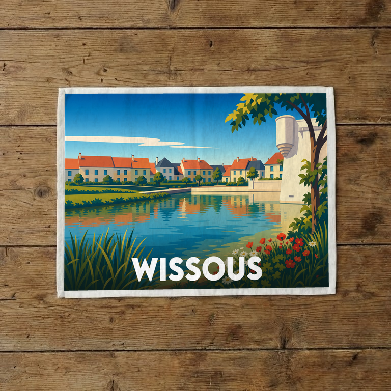 Torchon souvenir de la ville de Wissous avec une illustration stylisée représentant un paysage paisible au bord de l'eau.