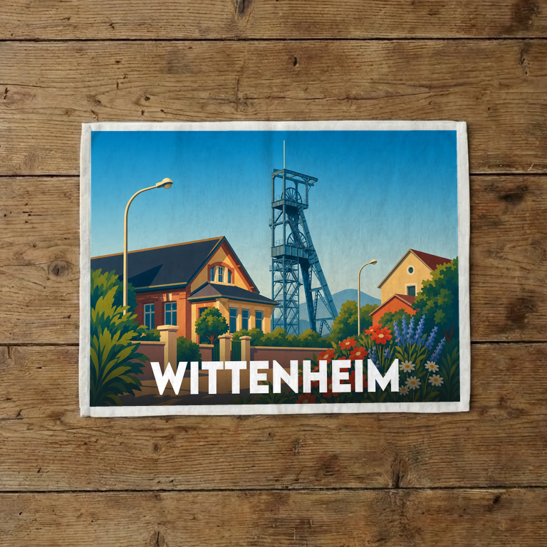 Torchon souvenir de la ville de Wittenheim avec une illustration stylisée de son patrimoine minier.